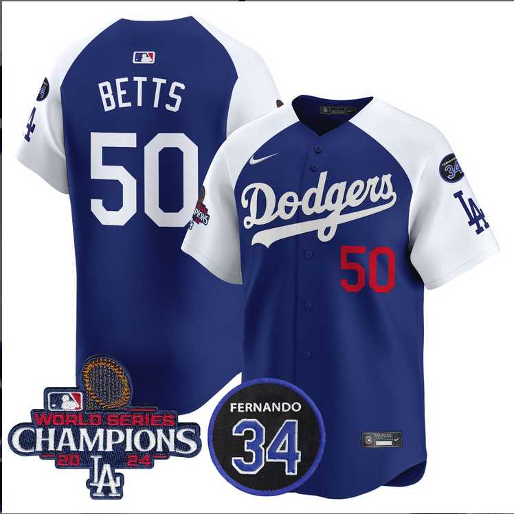 Men MLB Los Angeles Dodgers 50 Betts blue 2024 World Series Champions Patch Limited Jersey style 3